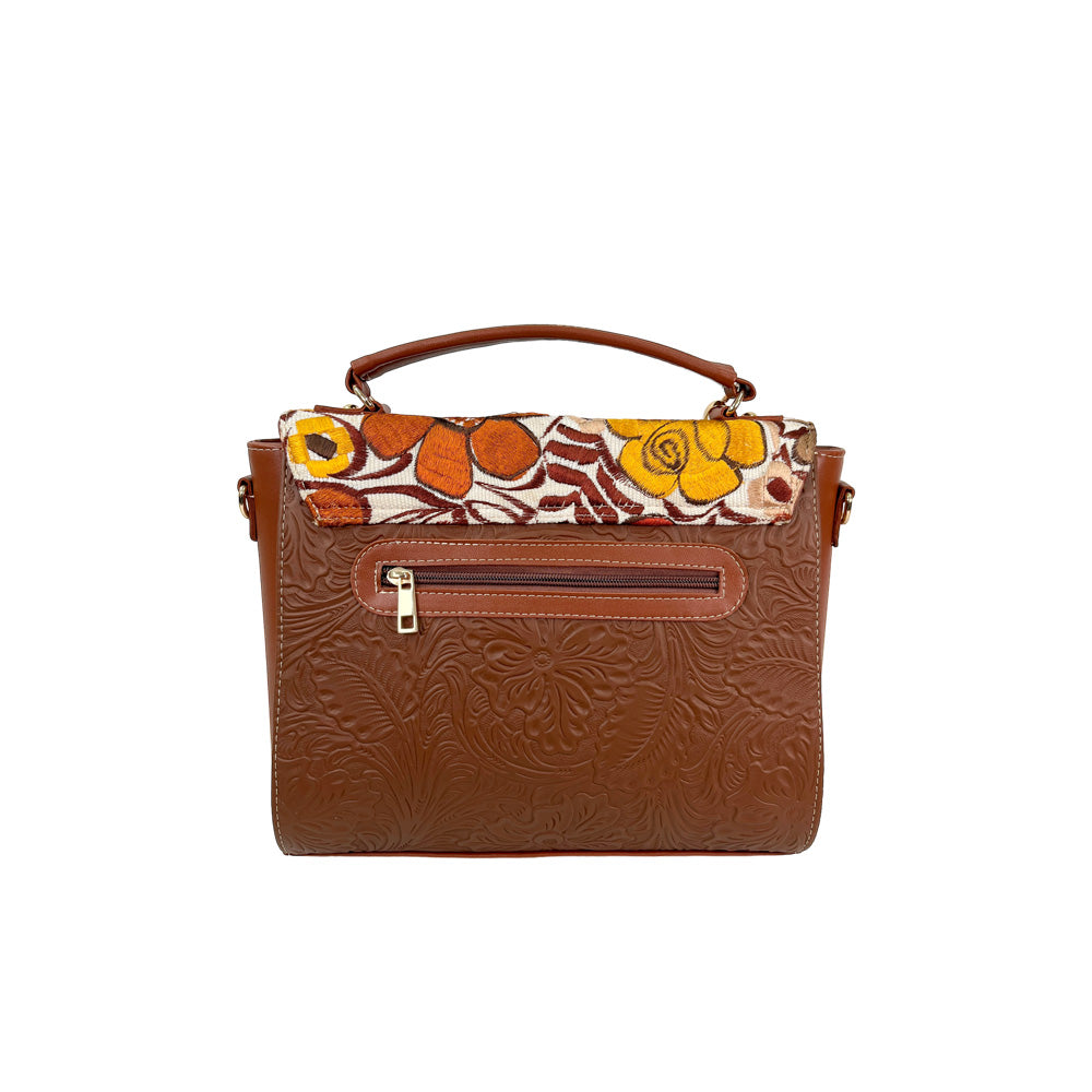 Adriana Purse - Embossed Brown Leather with Floral Embroidery