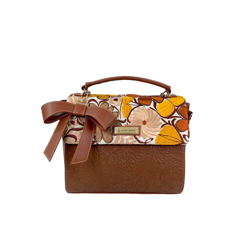 Adriana Purse - Embossed Brown Leather with Floral Embroidery