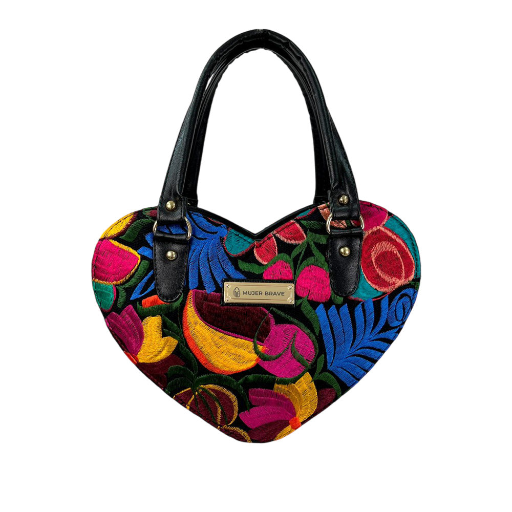 Cartera Carolina - Cartera en forma de corazón con piel grabada y bordado floral