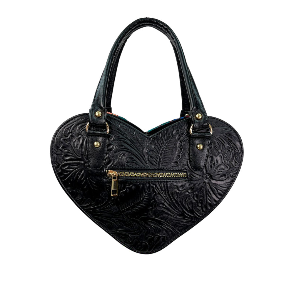 Carolina Purse - Heart-Shaped Purse with Embossed Leather and Floral Embroidery