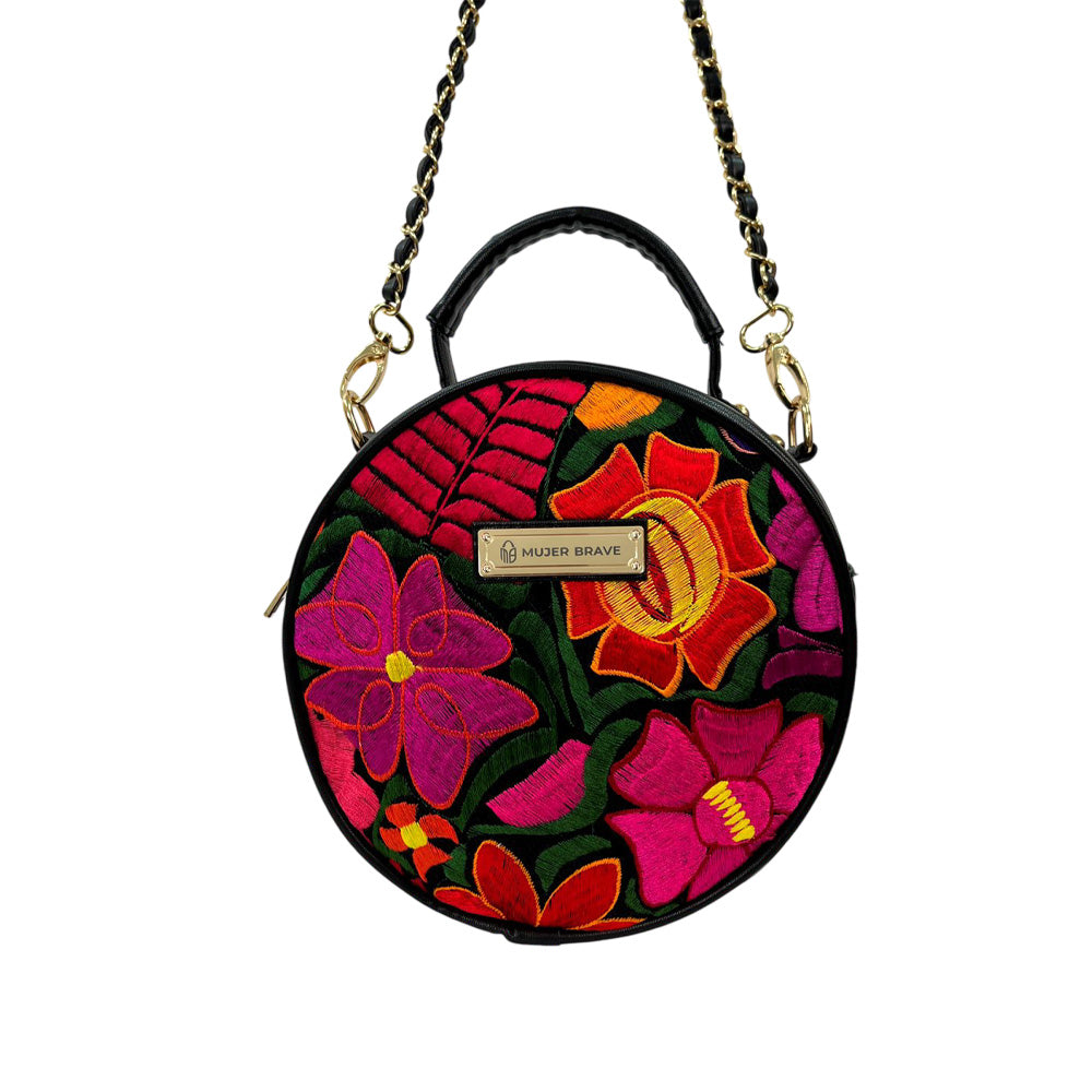 Joyce Purse - Round Leather Purse with Floral Embroidery, and Embossed Leather