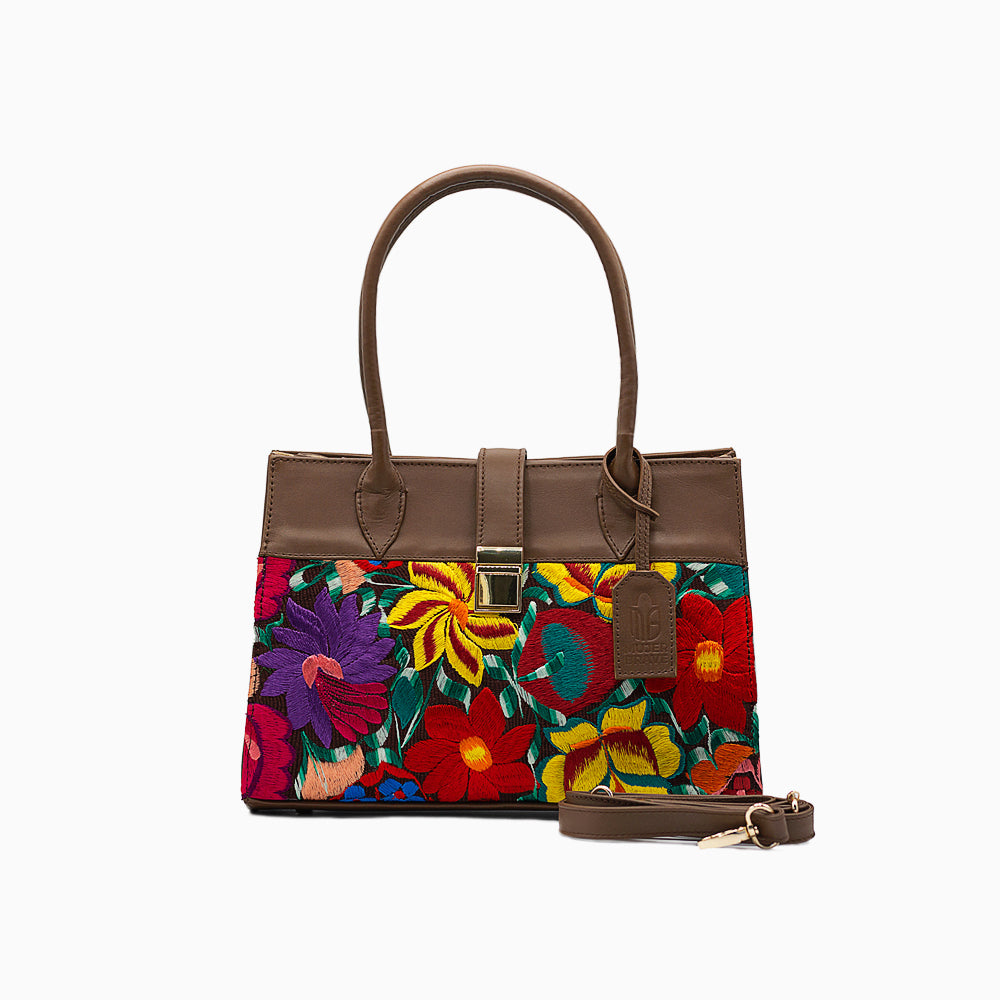 Bolsa Norma - Bolso de mano de piel café con bordados florales