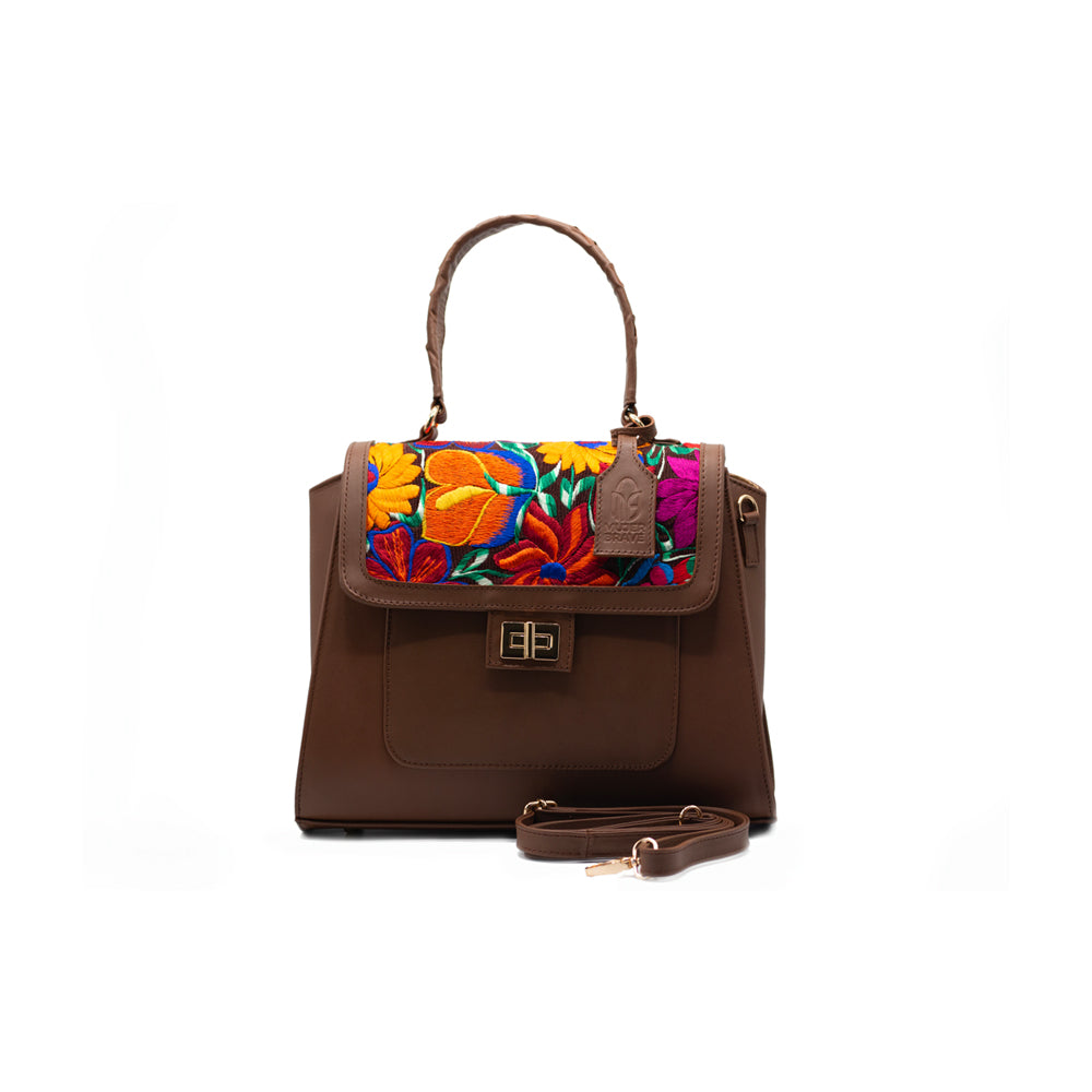 Nora Purse - Brown Leather with Embroidered Top