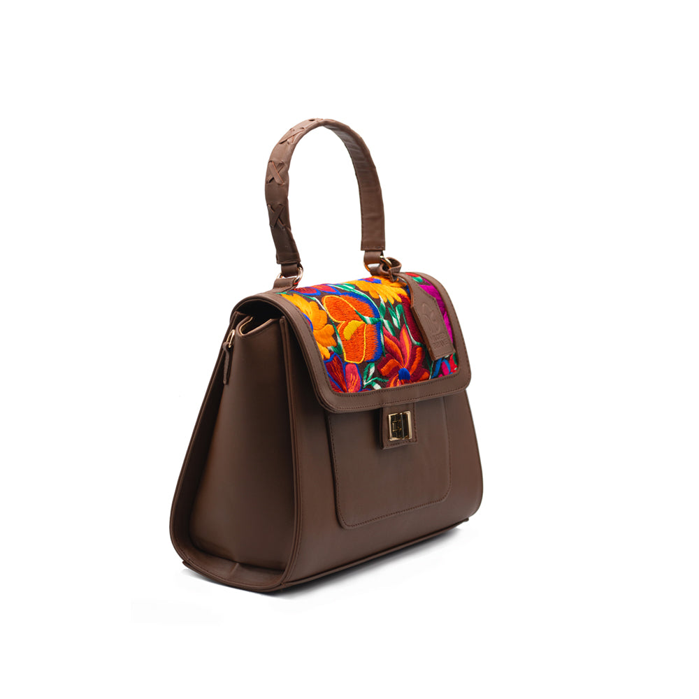 Nora Purse - Brown Leather with Embroidered Top