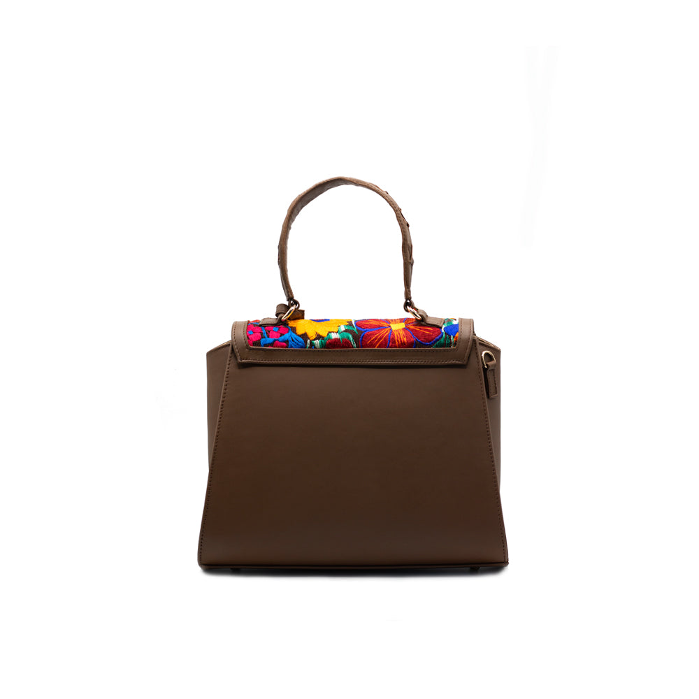 Nora Purse - Brown Leather with Embroidered Top