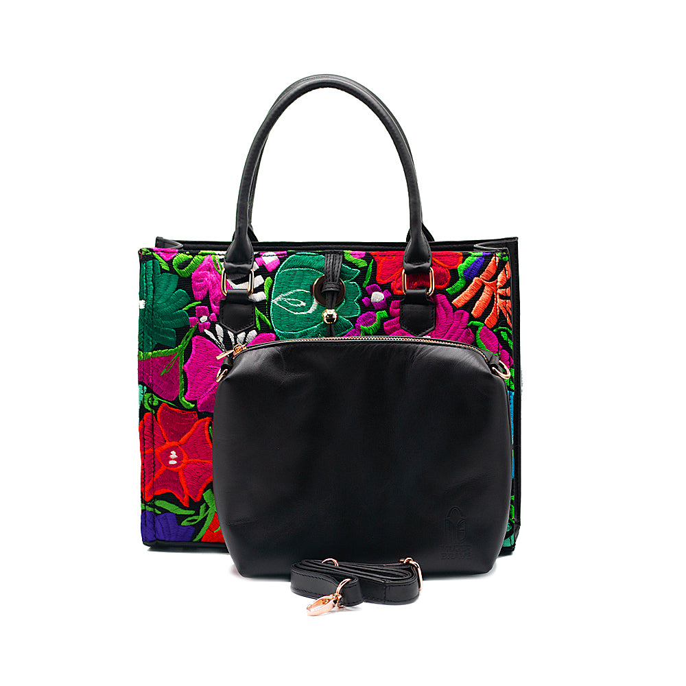 Maria Tote - Black Leather Embroidered Tote Bag