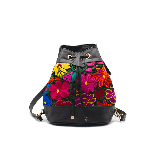 Flor Backpack Black Leather Embroidered Backpack