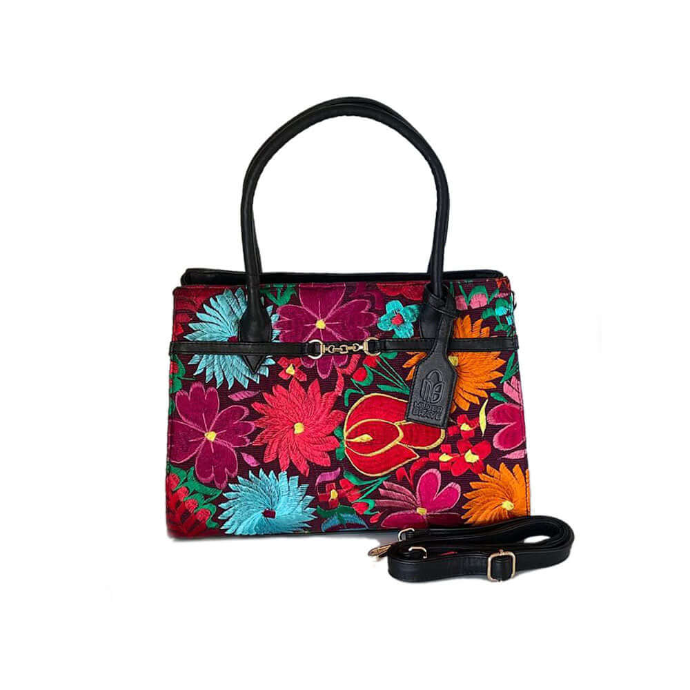 Gisela Purse - Black Leather Handbag with Floral Embroidery