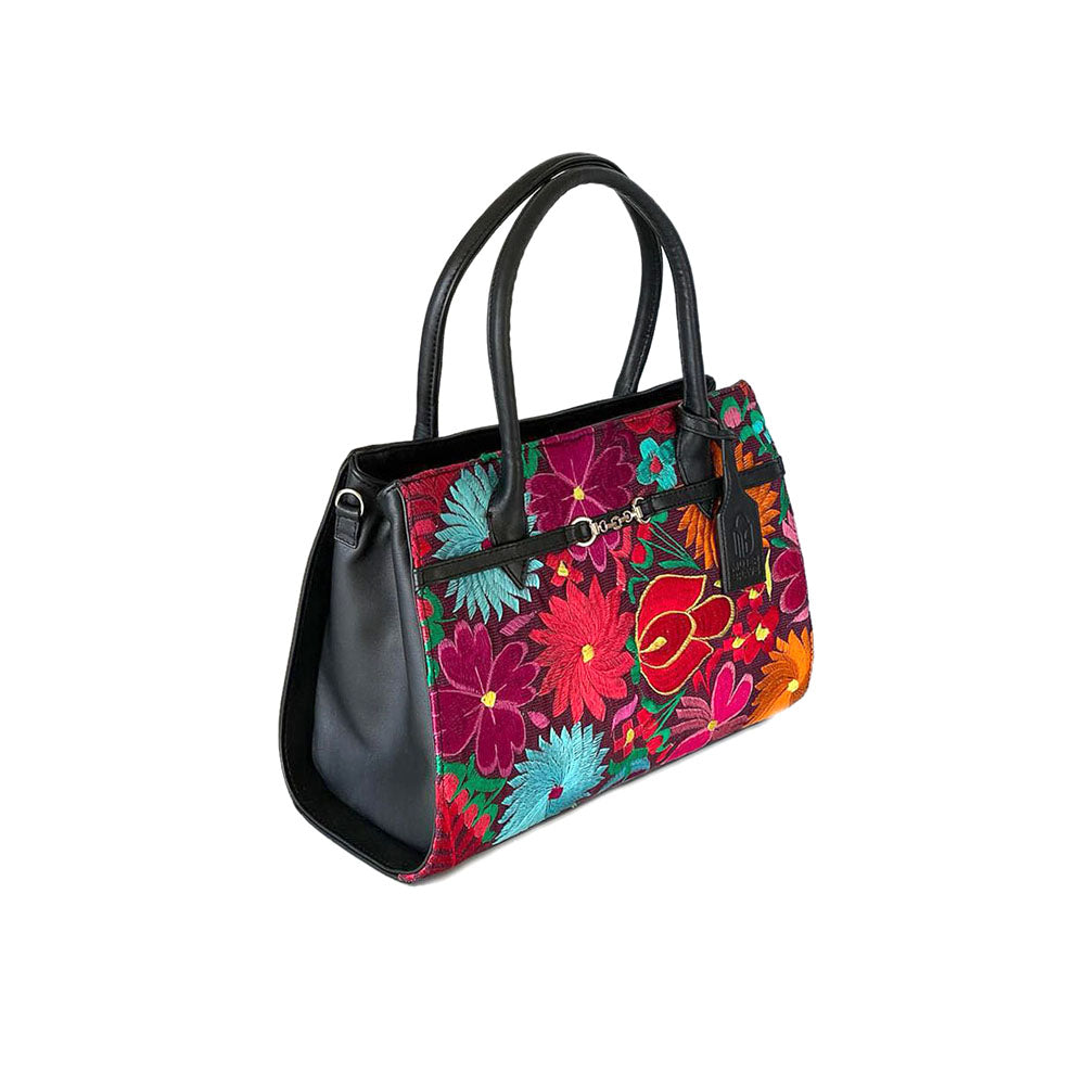 Gisela Purse - Black Leather Handbag with Floral Embroidery