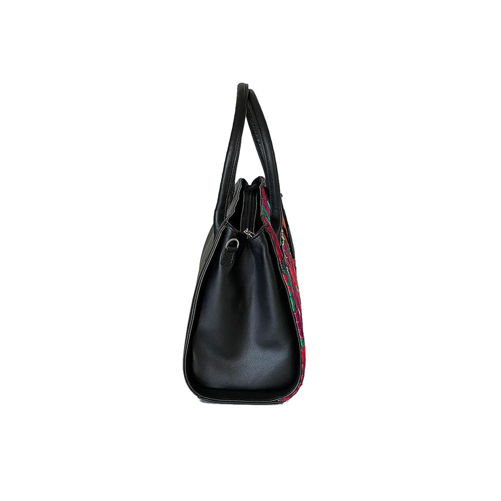 Gisela Purse - Black Leather Handbag with Floral Embroidery